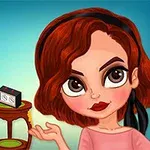 O femeie animată cu păr roșcat și rochie alb-negru stă lângă o masă mică pe care se află un radio