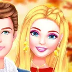 Două personaje animate, un bărbat și o femeie, zâmbesc într-un decor de toamnă cu frunze în fundal