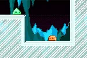 Două creaturi pixelate, una verde și una portocalie, într-un peisaj subteran cu culori albastre și întunecate