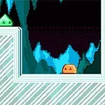 Două creaturi pixelate, una verde și una portocalie, într-un peisaj subteran cu culori albastre și întunecate