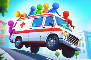 Figurine colorate călărind o ambulanță în mișcare pe un drum în pantă