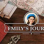 O masă de lemn cu o busolă, hărți, un telefon cu mesaje afișate și o fotografie rotundă a unei femei însoțite de textul „Emilys Journey”