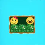 Două emoji-uri zâmbitoare într-un cadru cu iarbă verde și flori albe, pe un fundal albastru