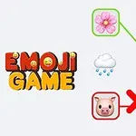 Text colorat cu Emoji Game și emoticoane care combină o floare și albină, și un semn X roșu între un porc și o umbrelă, pe fundal alb