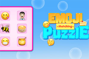 Ecran colorat cu titlul „Emoji Puzzle” și diferite emojiuri pe fundal albastru cu bule