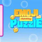 Ecran colorat cu titlul „Emoji Puzzle” și diferite emojiuri pe fundal albastru cu bule