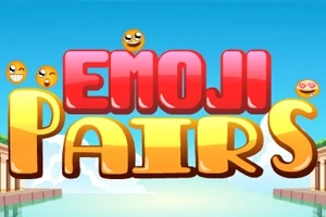 Textul Emoji Pairs colorat în roșu și galben, cu emoticoane în jur, pe un fundal albastru deschis