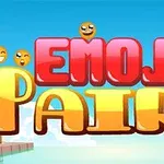 Textul Emoji Pairs colorat în roșu și galben, cu emoticoane în jur, pe un fundal albastru deschis