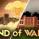 Imaginea prezintă două scene contrastante: în stânga, o explozie nucleară și clădiri distruse, iar în dreapta, clădiri colorate și în picioare, cu textul END of WAR în partea de jos