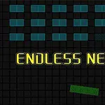 Text galben ENDLESS NEON pe un fundal negru-grilă, cu blocuri albastre și forme geometrice colorate