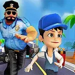 Polițist și tânăr alergând pe o stradă animată, cu palmieri și mașini de poliție pe fundal