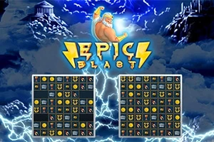 Zeus ținând un fulger deasupra unei grile de simboluri și litere, cu nori și clădiri grecești în fundal