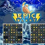 Zeus ținând un fulger deasupra unei grile de simboluri și litere, cu nori și clădiri grecești în fundal