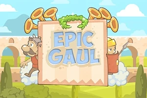 Un afiș cu un personaj galic cu coif și un soldat roman, însoțit de trompete, pe un fundal de peisaj cu un apeduct și cer senin