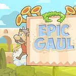 Un afiș cu un personaj galic cu coif și un soldat roman, însoțit de trompete, pe un fundal de peisaj cu un apeduct și cer senin