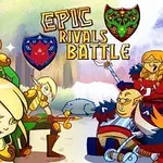Luptători fanteziști cu urechi ascuțite și îmbrăcăminte de armură sunt ilustrați pregătiți de confruntare într-o pădure, sub titlul Epic Rivals Battle