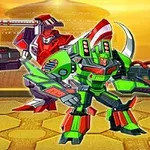 Roboți colorați și înarmați pe un fundal galben-portocaliu futurist