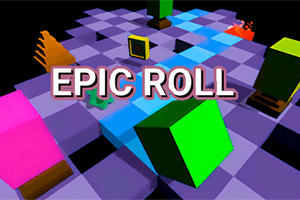 Cuburi colorate pe un traseu de pătrate mov cu textul EPIC ROLL suprapus