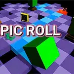 Cuburi colorate pe un traseu de pătrate mov cu textul EPIC ROLL suprapus