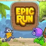 Un ratonel și o maimuță cu un băț sunt într-o junglă, lângă o plantă cu o floare violetă deschisă, cu un semn mare pe care scrie Epic Run