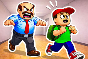 Un bărbat furios în cămașă albastră și cravată roșie aleargă după un băiat speriat cu șapcă roșie și rucsac verde pe un coridor