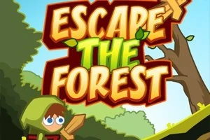 Textul Escape the Forest cu un personaj desenat într-o pădure animată