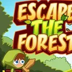 Textul Escape the Forest cu un personaj desenat într-o pădure animată