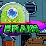 Un extraterestru verde cu un ochi, sub o cupolă transparentă, într-o navă spațială colorată, cu textul ET Brain în față
