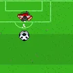Joc video retro de fotbal cu o minge, un portar și un jucător pe un teren verde văzuți de sus