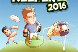 Trei personaje animate pe un teren de fotbal, una fiind un portar, în timp ce alții doi joacă fotbal cu o minge