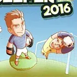 Trei personaje animate pe un teren de fotbal, una fiind un portar, în timp ce alții doi joacă fotbal cu o minge