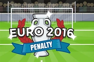 Trofeu cupă între două frunze de lauri, cu textul EURO 2016 deasupra unui banner albastru cu PENALTY pe un fundal de teren de fotbal și o poartă