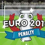 Trofeu cupă între două frunze de lauri, cu textul EURO 2016 deasupra unui banner albastru cu PENALTY pe un fundal de teren de fotbal și o poartă