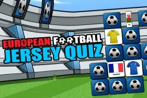 Text colorat cu titlul „European Football Jersey Quiz” pe un fundal de stadion, cu steaguri și tricouri de fotbal în dreptunghiuri albastre și mingi de fotbal