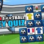 Text colorat cu titlul „European Football Jersey Quiz” pe un fundal de stadion, cu steaguri și tricouri de fotbal în dreptunghiuri albastre și mingi de fotbal
