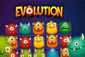 Monștri colorați cu ochi mari pe un fundal albastru, sub cuvântul Evolution