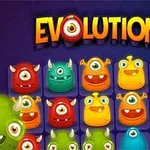 Monștri colorați cu ochi mari pe un fundal albastru, sub cuvântul Evolution