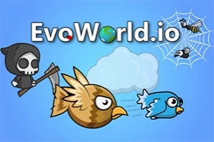 Un personaj schelet cu coasă urmărește două păsări desenate pe un fundal albastru, cu un nor și o pânză de păianjen în colț, însoțit de textul EvoWorld