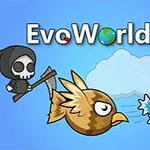 Un personaj schelet cu coasă urmărește două păsări desenate pe un fundal albastru, cu un nor și o pânză de păianjen în colț, însoțit de textul EvoWorld