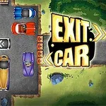 Mașini colorate aranjate într-o parcare aglomerată cu textul EXIT CAR pe fundal verde