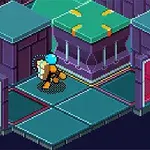 Un personaj pixelat cu costum portocaliu și cască albastră se deplasează într-un labirint futurist cu podea albastră și pereți mov