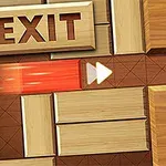 Blocuri de lemn aranjate, cu un bloc roșu mobilat spre o ieșire marcată EXIT
