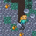 Personaj pixelat într-un tunel de pietre cu blocuri verzi și galbene