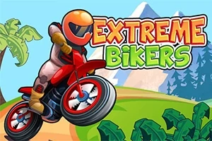 Un motociclist cu cască portocalie pe o motocicletă roșie, în fața unui peisaj cu palmieri și munți acoperiți de zăpadă, alături de textul „Extreme Bikers”