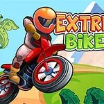 Un motociclist cu cască portocalie pe o motocicletă roșie, în fața unui peisaj cu palmieri și munți acoperiți de zăpadă, alături de textul „Extreme Bikers”