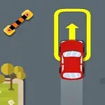 Mașină roșie pe șosea cu săgeată galbenă deasupra, flancată de trotuare cu copaci stilizați