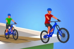 Două persoane pe biciclete albastre cu căști, pedalând pe o structură înălțată