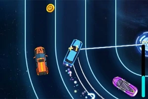 Mașini multicolore într-o cursă pe o pistă iluminată cu linii neon și un fundal albastru închis