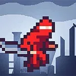 Personaj pixelat în costum roșu sărind într-un peisaj urban stilizat