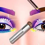 Machiaj vibrant pentru ochi cu fard albastru și violet, aplicații decorative și pensule în mișcare